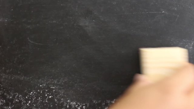 hand with eraser on black chalkboard