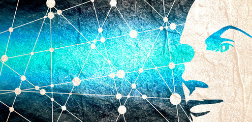 Face half turn view. Elegant silhouette of a female head. Molecule and communication background. Connected lines with dots.