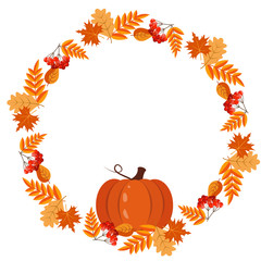 Naklejka na ściany i meble Autumn wreath of leaves and pumpkin. Vector