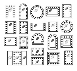 Vanity LED lighted mirrors. Rectangular & round makeup mirrors with light bulbs. Line icon set. Framed & frameless reflection surfaces