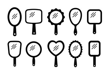 Hand mirrors with light reflection. Blank handheld makeup mirrors. Flat icon set. Female beauty accessories