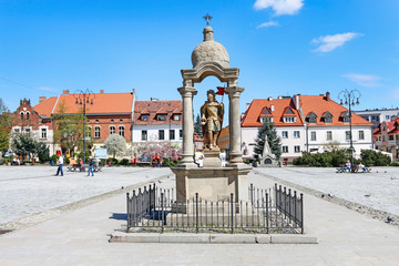 MYSLENICE, POLAND - APRIL 21, 2019: The monument on the main market square