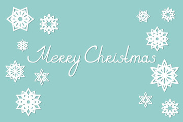Greeting card with snowflakes and MERRY CHRISTMAS inscription. Blue background. Vector illustration.