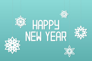 Naklejka na ściany i meble Greeting card with snowflakes and HAPPY NEW YEAR inscription. Blue background. Vector illustration.
