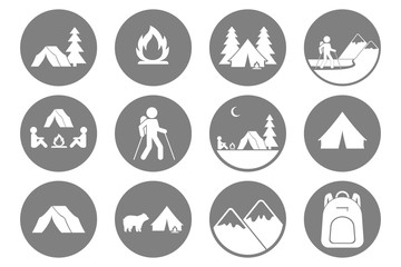 Tourism icons. Trekking, hiking, mountaineering, backpacking, camping symbols. Vector.