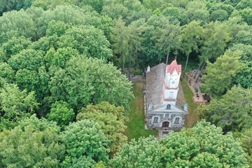 Old historical church in derelict manor park, aerial