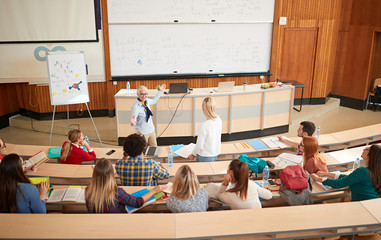 Group of students listening to professor in the classroom.