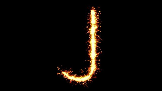 Alphabet J Text Sparkler Writing With Glitter Sparks Particles Firework on Black 4K Loop Background. letter , alphabet , typography , Typeface , Font , character .