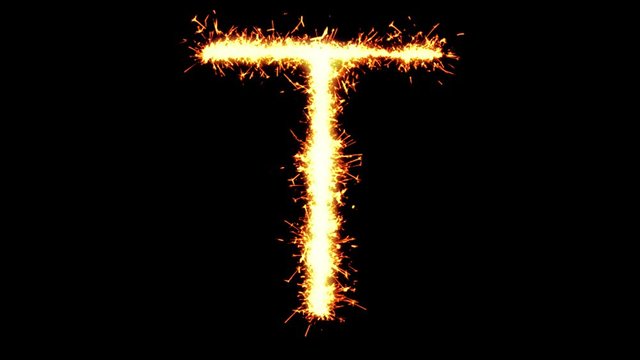 Alphabet T Text Sparkler Writing With Glitter Sparks Particles Firework on Black 4K Loop Background. letter , alphabet , typography , Typeface , Font , character .