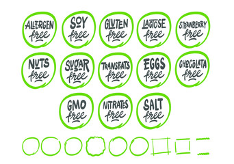 Set of food labels - allergens, GMO free products.  Hand drawn lettering phrase isolated on white background. Vector illustration