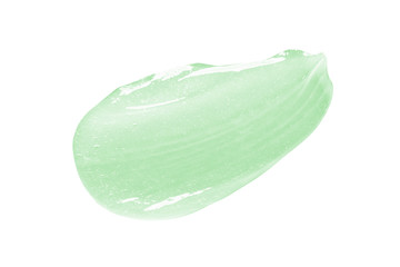 Aloe vera gel texture with bubbles. Green clear cosmetic product swatch smear smudge isolated on white background