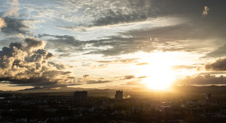 Aerial view of Twilight time of pattaya beach with building city and background mountain. Background concept for travel and beauty scene of thailand