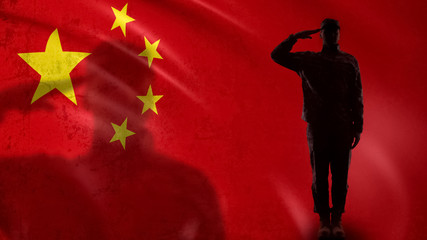 Chinese soldier silhouette saluting against national flag, army rocket force