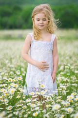 Fototapeta na wymiar Little girl in camomile meadow.