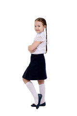 Full length of beauty schoolgirl in first day of school isolated on white background