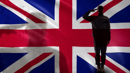 British soldier silhouette saluting against national flag, independence day