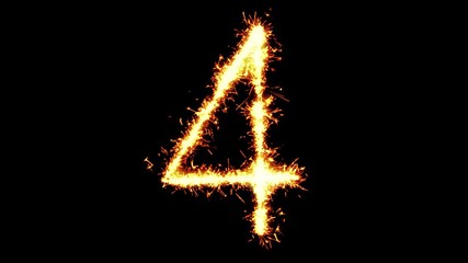 Number 4 Text Sparkler Writing With Glitter Sparks Particles Firework on Black 4K Loop Background. letter , alphabet , typography , Typeface , Font , character .