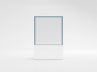 Square white glass showcase box mockup, front view isolated on gray