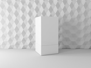 White box mockup on shelf near textured wall
