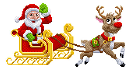 Santa Claus and his Christmas reindeer sleigh in an 8 bit pixel art video game style