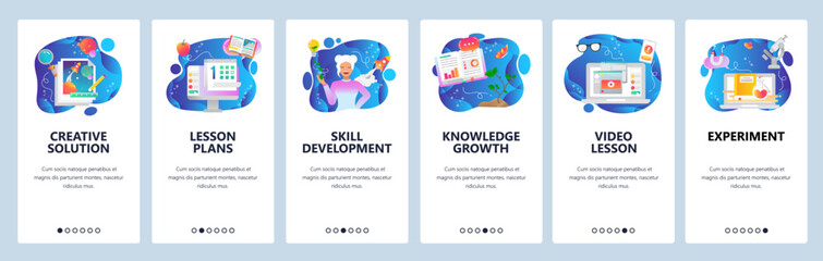 Mobile app onboarding screens. Skill development, video lessons, online education, schedule. Menu vector banner template for website and mobile development. Web site design flat illustration