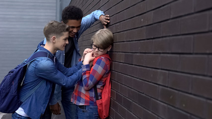 Mean students pushing classmate to wall, bullying in school, children rights