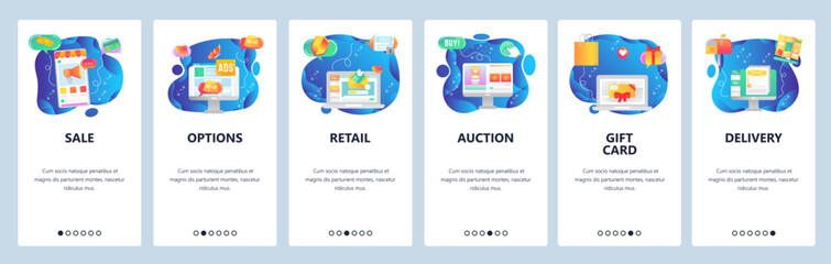 Mobile app onboarding screens. Sale promotion, retail price, auction, online shopping, order delivery. Menu vector banner template for website and mobile development. Web site design flat illustration