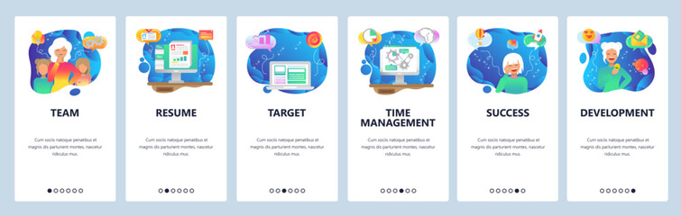 Mobile app onboarding screens. Business development, female manager, time management, job profile. Menu vector banner template for website and mobile development. Web site design flat illustration