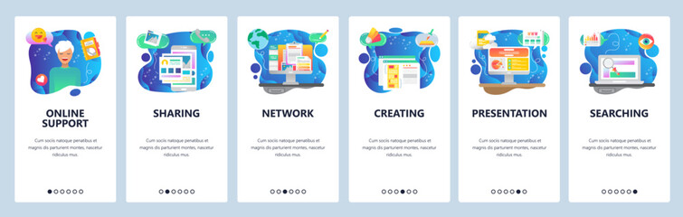 Mobile app onboarding screens. Business presentation, financial charts, file search. Menu vector banner template for website and mobile development. Web site design flat illustration