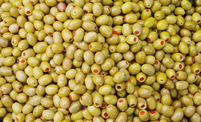 Marinated olives close-up. Food background. Selective focus image. Copy space.