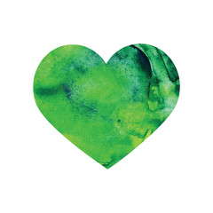 Watercolor green heart isolated on white background.  Ecological concept, protection of nature, love of the forest and plants. Wet paint brush item for map, print, icon, text, label, icon