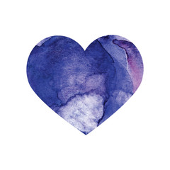 Watercolor purple heart isolated on white background.  Design for wedding, heart day, love, Valentine's Day. Wet paint brush romantic item for card, print, icon, text, label, icon