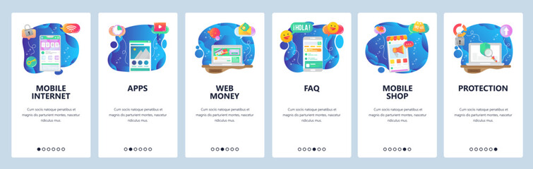 Mobile app onboarding screens. Digital money, online shopping, sale promotion, data protection. Menu vector banner template for website and mobile development. Web site design flat illustration