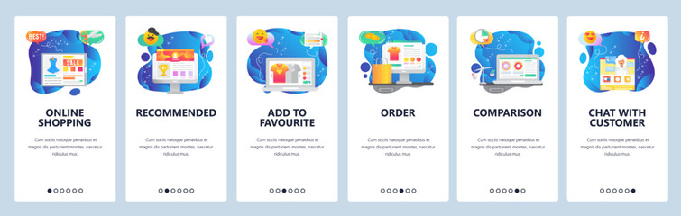 Mobile app onboarding screens. Online shopping, price comparison, order and delivery, sale promotion. Menu vector banner template for website and mobile development. Web site design flat illustration