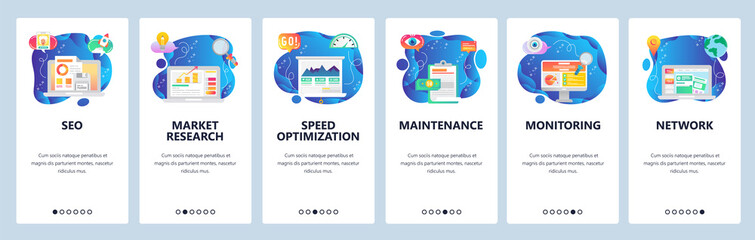 Mobile app onboarding screens. SEO, speed optimization and digital marketing. market research. Menu vector banner template for website and mobile development. Web site design flat illustration