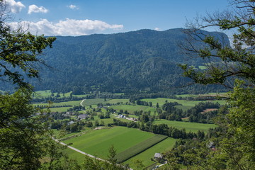 Scenic panorama of the countryside from Mount Straza. Bled, Slovenia, Europe.