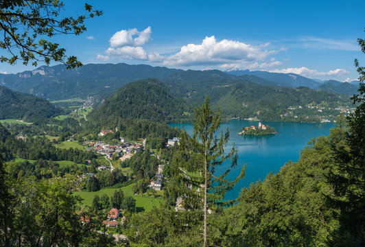 The picturesque panoramic landscape of the western part of Lake Bled (from Straza mountain).