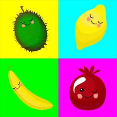 Durian, lemon, banana and pomegranate fruit. Funny fruits for educating children. The card is beautiful and bright. Healthy food..