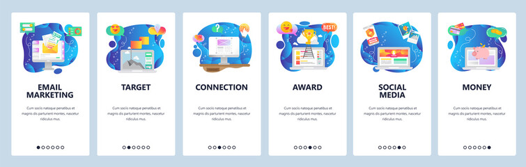 Mobile app onboarding screens. Email marketing, social media, business leader. Menu vector banner template for website and mobile development. Web site design flat illustration