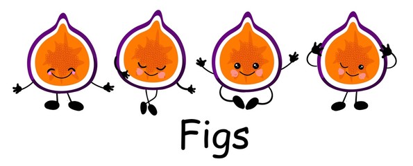 Figs A collection of characters in various poses. Funny fruits for educating children. The card is beautiful and bright. Healthy food..