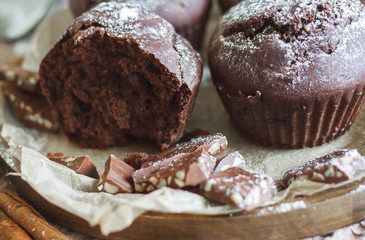 Homemade cake. Chocolate cupcakes with chocolate chips.