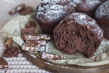 Homemade cake. Chocolate cupcakes with chocolate chips.