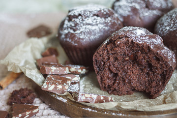 Homemade cake. Chocolate cupcakes with chocolate chips.