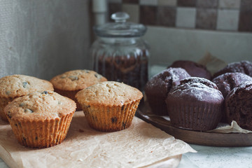 Homemade cake. Chocolate and cream cupcakes.
