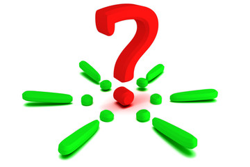 A red question mark in the middle of fallen green exclamation marks lying on the floor, 3d illustration isolated on a white background. Business concept: the main question left after discussion