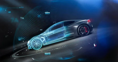 Foto op Canvas Futuristic car technology concept with wireframe intersection (3D illustration) © Open Studio