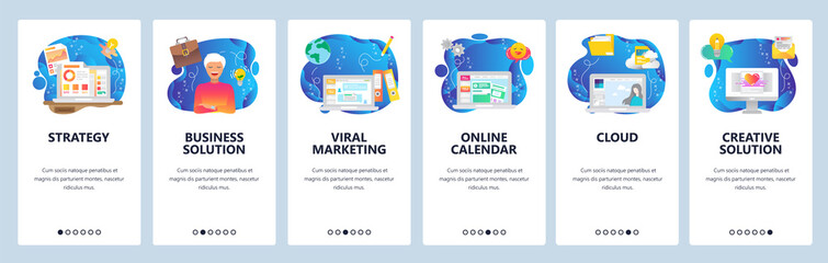 Mobile app onboarding screens. Cloud storage, viral marketing, business strategy, financial charts. Menu vector banner template for website and mobile development. Web site design flat illustration