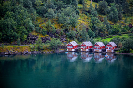 Row of Houses overlooking Aurlandsfjord, Flam, Flamsdalen, Sogn og Fjordane, Norway