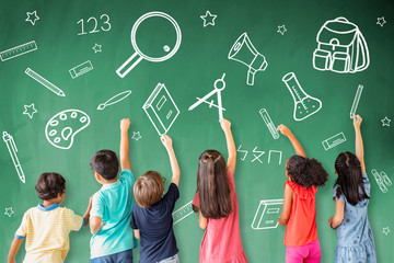 school children drawing learn stuff icon on the chalkboard