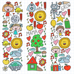 Fototapeta premium Time to adventure. Imagination creativity small children play nursery kindergarten preschool school kids drawing doodle icons pattern, play, study, learn with happy boys and girls Let's explore space.